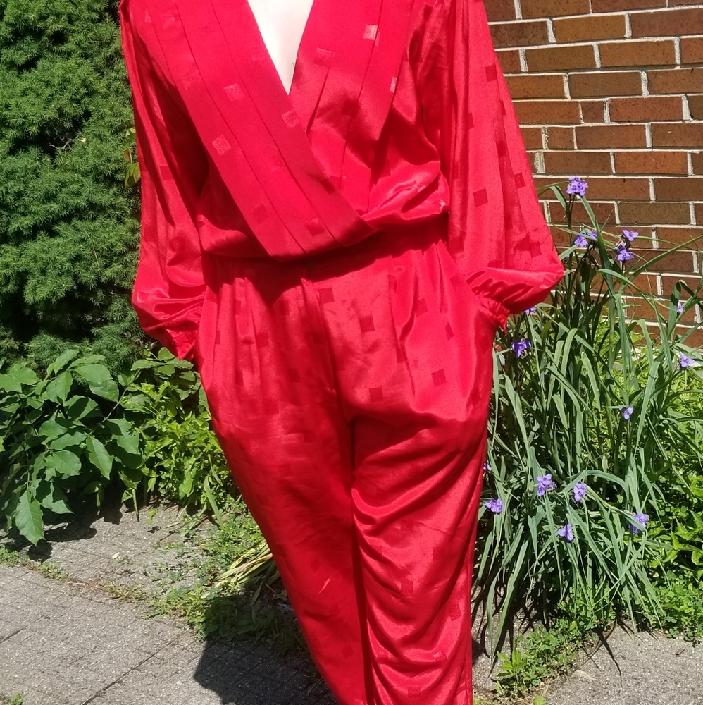 1980's Women's Red Polyester Jumpsuit